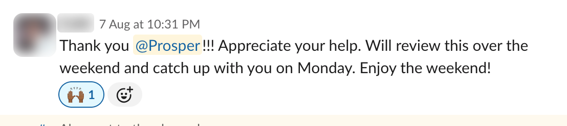 Slack message: Deliverable shipped ahead of the weekend review.